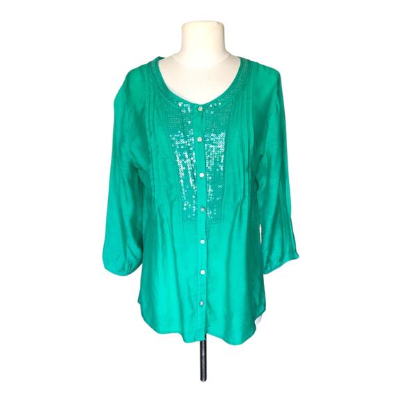 Chico's Green Sequin Shimmer Calley Top 3/4 Sleeve Button Front Women's Size 32 - Picture 1 of 9